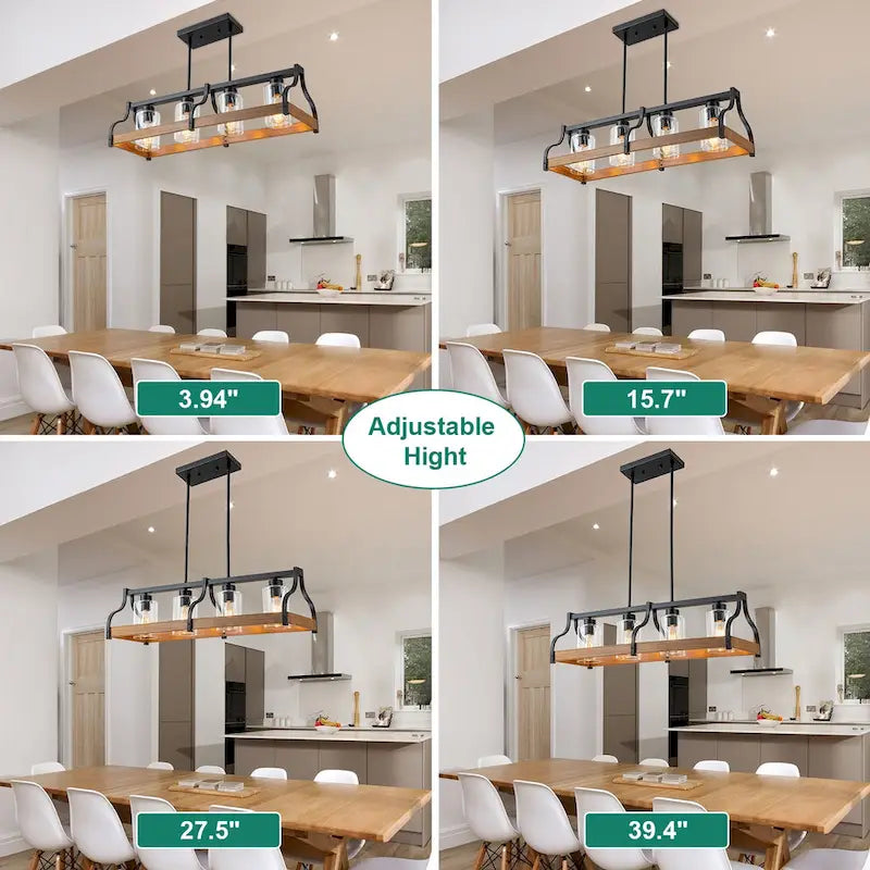 Lustre moderne Starsky à 4 lumières, style ferme, noir, en bois, style linéaire, pour îlot de cuisine.