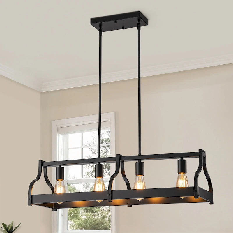 Lustre moderne Starsky à 4 lumières, style ferme, noir, en bois, style linéaire, pour îlot de cuisine.