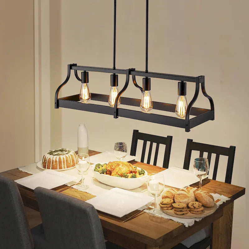 Lustre moderne Starsky à 4 lumières, style ferme, noir, en bois, style linéaire, pour îlot de cuisine.