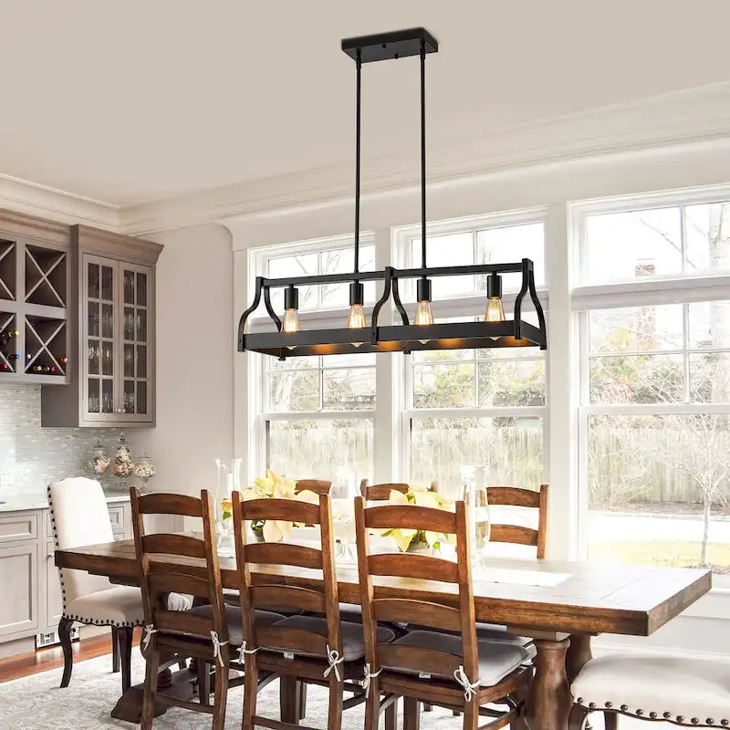 Lustre moderne Starsky à 4 lumières, style ferme, noir, en bois, style linéaire, pour îlot de cuisine.
