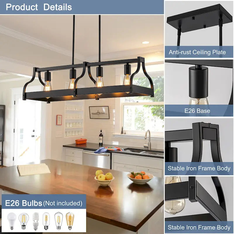 Lustre moderne Starsky à 4 lumières, style ferme, noir, en bois, style linéaire, pour îlot de cuisine.