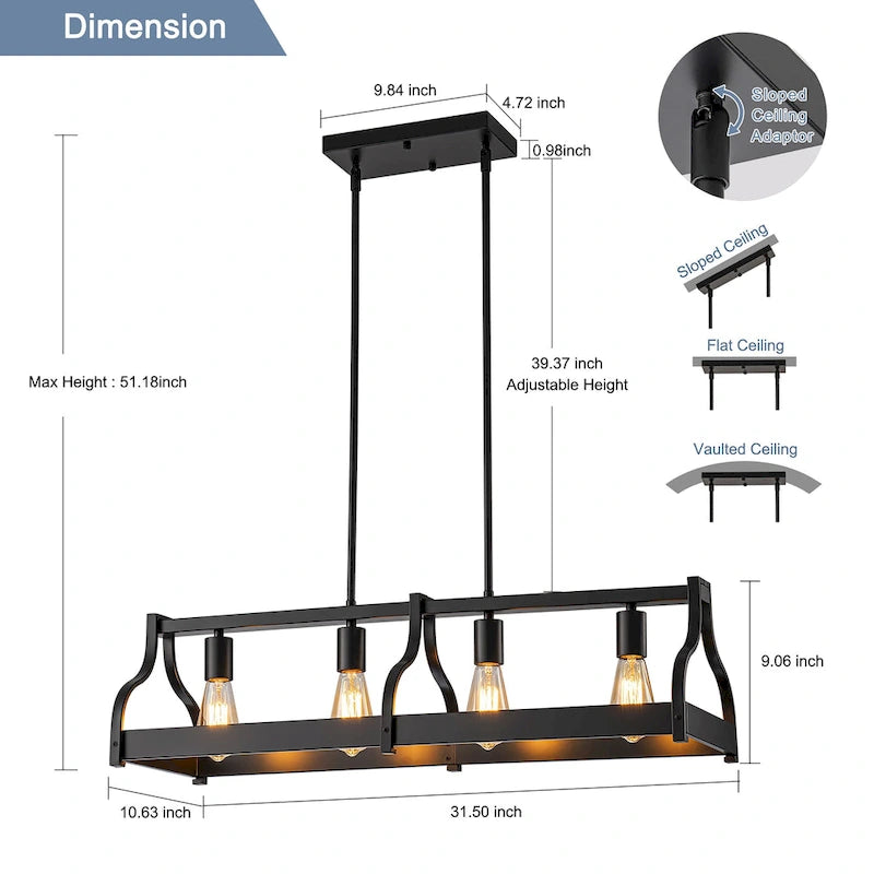 Lustre moderne Starsky à 4 lumières, style ferme, noir, en bois, style linéaire, pour îlot de cuisine.