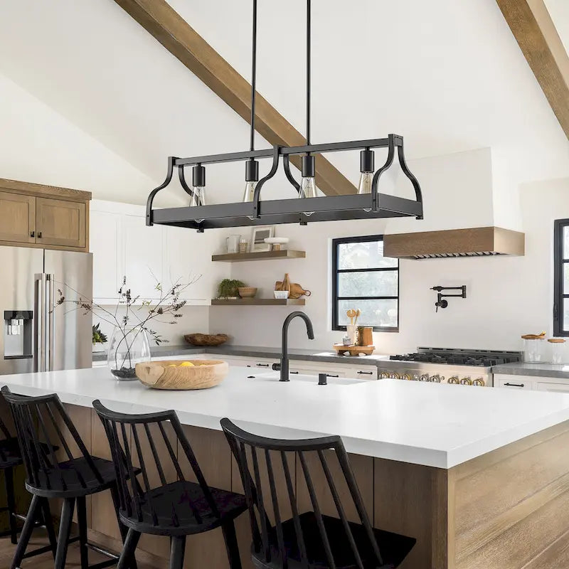 Lustre moderne Starsky à 4 lumières, style ferme, noir, en bois, style linéaire, pour îlot de cuisine.