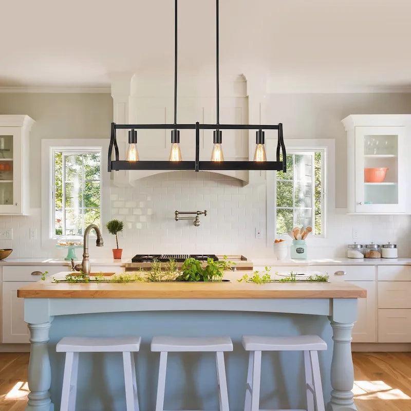 Lustre moderne Starsky à 4 lumières, style ferme, noir, en bois, style linéaire, pour îlot de cuisine.