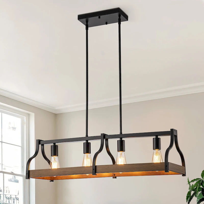 Lustre moderne Starsky à 4 lumières, style ferme, noir, en bois, style linéaire, pour îlot de cuisine.
