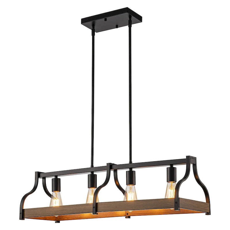 Lustre moderne Starsky à 4 lumières, style ferme, noir, en bois, style linéaire, pour îlot de cuisine.