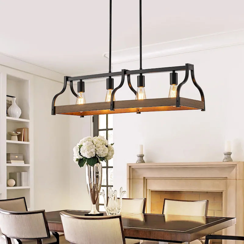 Lustre moderne Starsky à 4 lumières, style ferme, noir, en bois, style linéaire, pour îlot de cuisine.