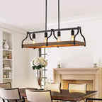 Lustre moderne Starsky à 4 lumières, style ferme, noir, en bois, style linéaire, pour îlot de cuisine.