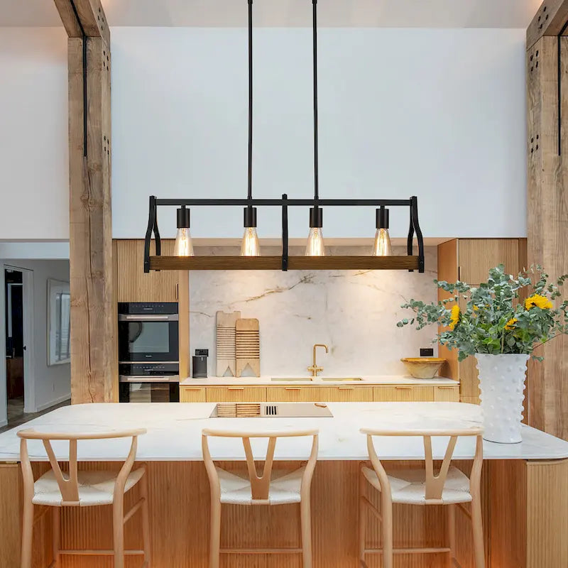 Lustre moderne Starsky à 4 lumières, style ferme, noir, en bois, style linéaire, pour îlot de cuisine.