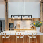 Lustre moderne Starsky à 4 lumières, style ferme, noir, en bois, style linéaire, pour îlot de cuisine.