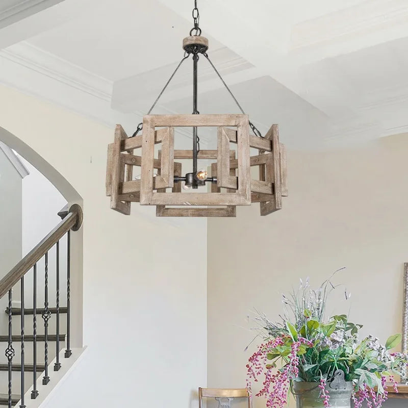 Rustic Farmhouse 4-light Solid Wood Drum Cage Chandelier Kitchen Dining Room Foyer Lighting - 20  D x 22.5  H