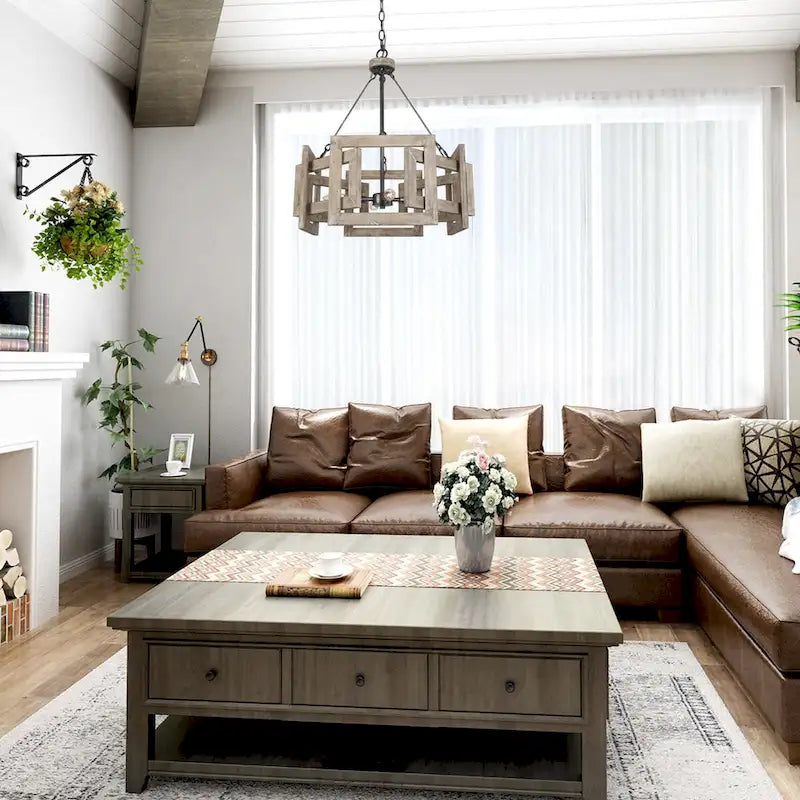 Lustre rustique à 4 lumières en bois massif, style cage de tambour, pour cuisine, salle à manger ou hall d'entrée - 51 cm de diamètre x 57 cm de hauteur