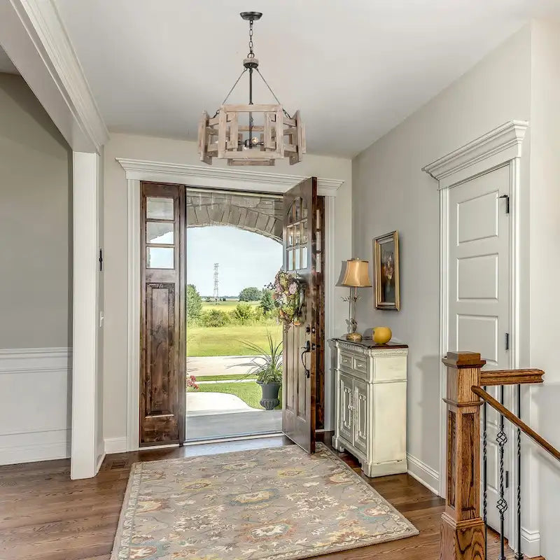 Lustre rustique à 4 lumières en bois massif, style cage de tambour, pour cuisine, salle à manger ou hall d'entrée - 51 cm de diamètre x 57 cm de hauteur