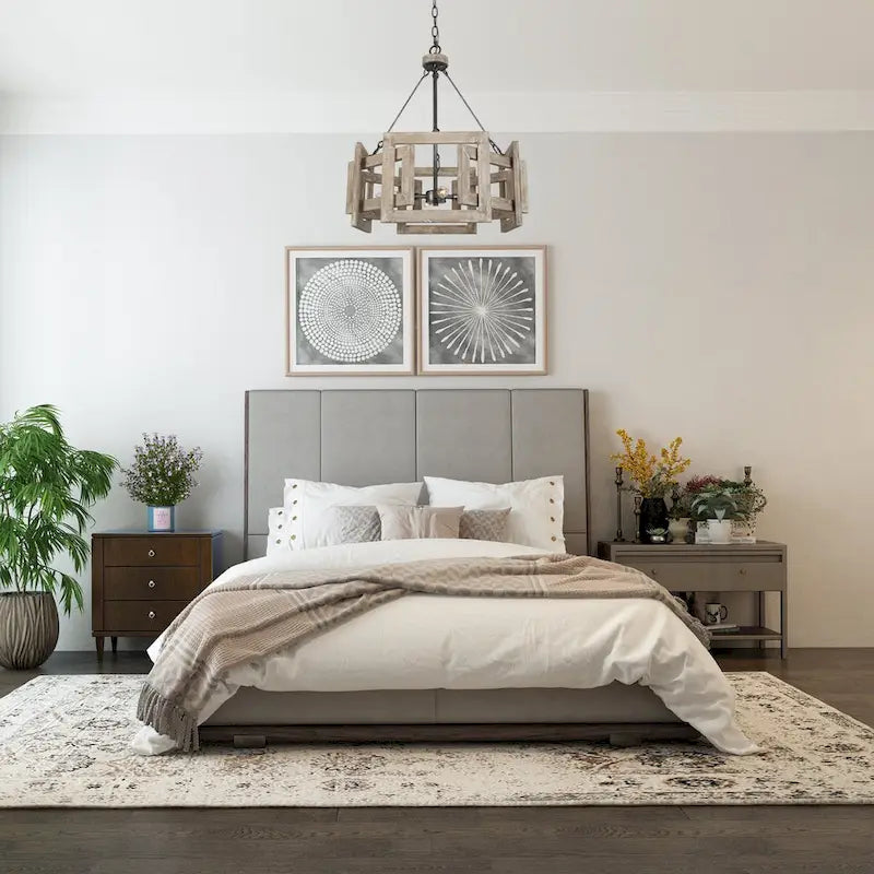 Lustre rustique à 4 lumières en bois massif, style cage de tambour, pour cuisine, salle à manger ou hall d'entrée - 51 cm de diamètre x 57 cm de hauteur