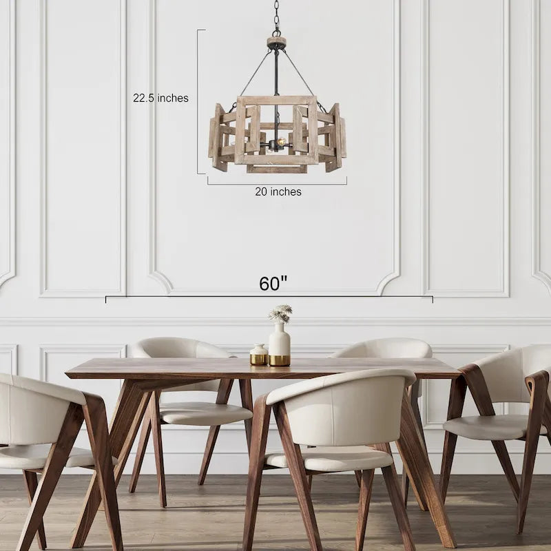 Lustre rustique à 4 lumières en bois massif, style cage de tambour, pour cuisine, salle à manger ou hall d'entrée - 51 cm de diamètre x 57 cm de hauteur
