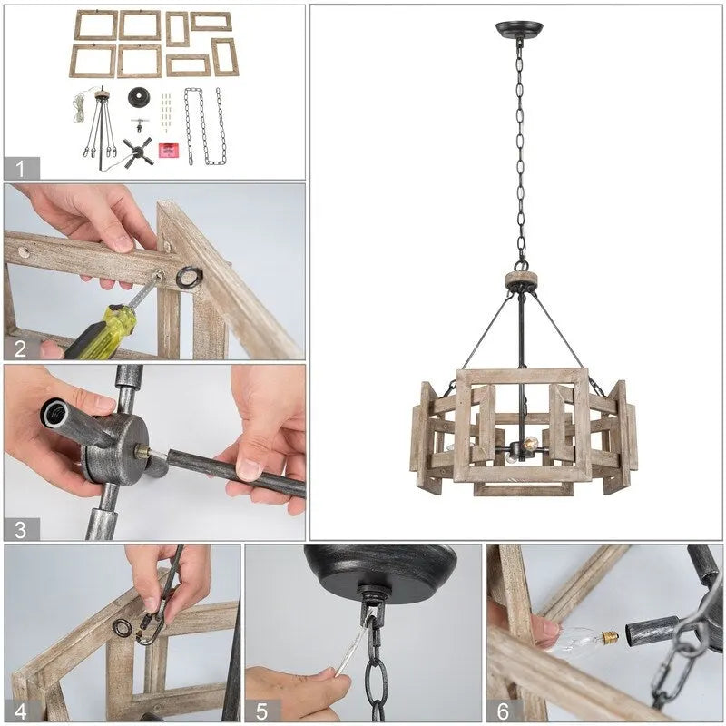 Lustre rustique à 4 lumières en bois massif, style cage de tambour, pour cuisine, salle à manger ou hall d'entrée - 51 cm de diamètre x 57 cm de hauteur
