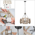 Lustre rustique à 4 lumières en bois massif, style cage de tambour, pour cuisine, salle à manger ou hall d'entrée - 51 cm de diamètre x 57 cm de hauteur