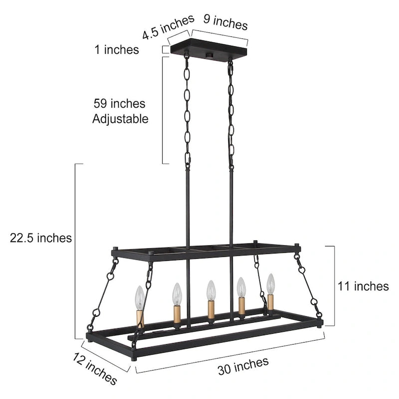 Lustre linéaire moderne en métal noir de style ferme pour salle à manger - L 30 x l 12 x H 23,6