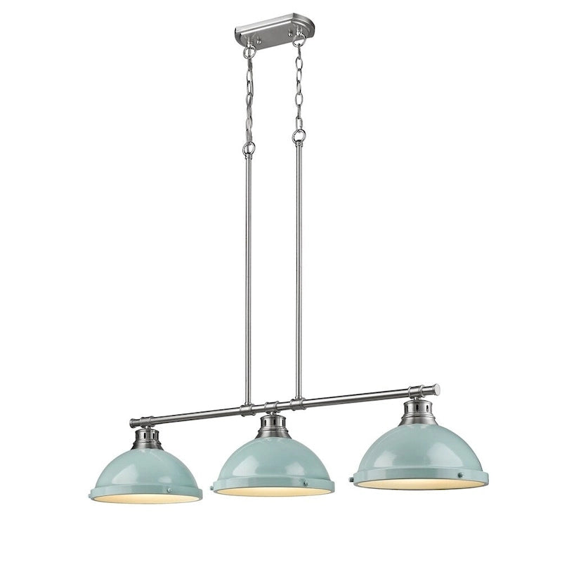 Suspension linéaire à 3 lumières Duncan en acier étain de Golden Lighting avec abat-jour vert d'eau