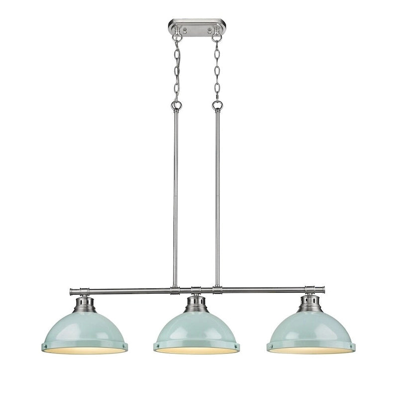 Suspension linéaire à 3 lumières Duncan en acier étain de Golden Lighting avec abat-jour vert d'eau