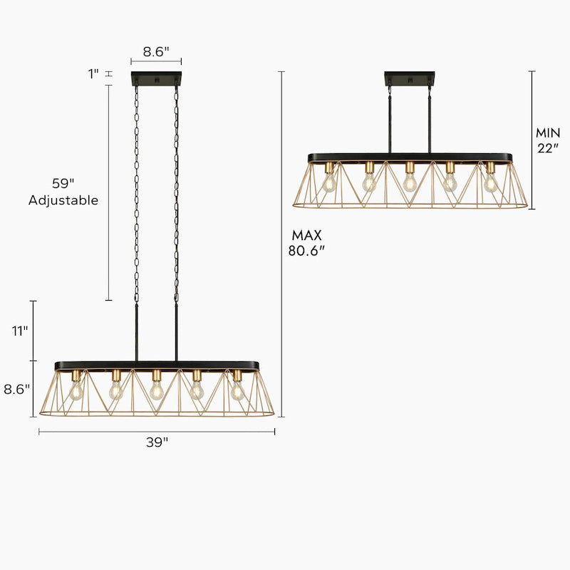 Modern Luxury 5-light Chandelier Black Gold Kitchen Island Light with Geometric Line Design for Dining Room