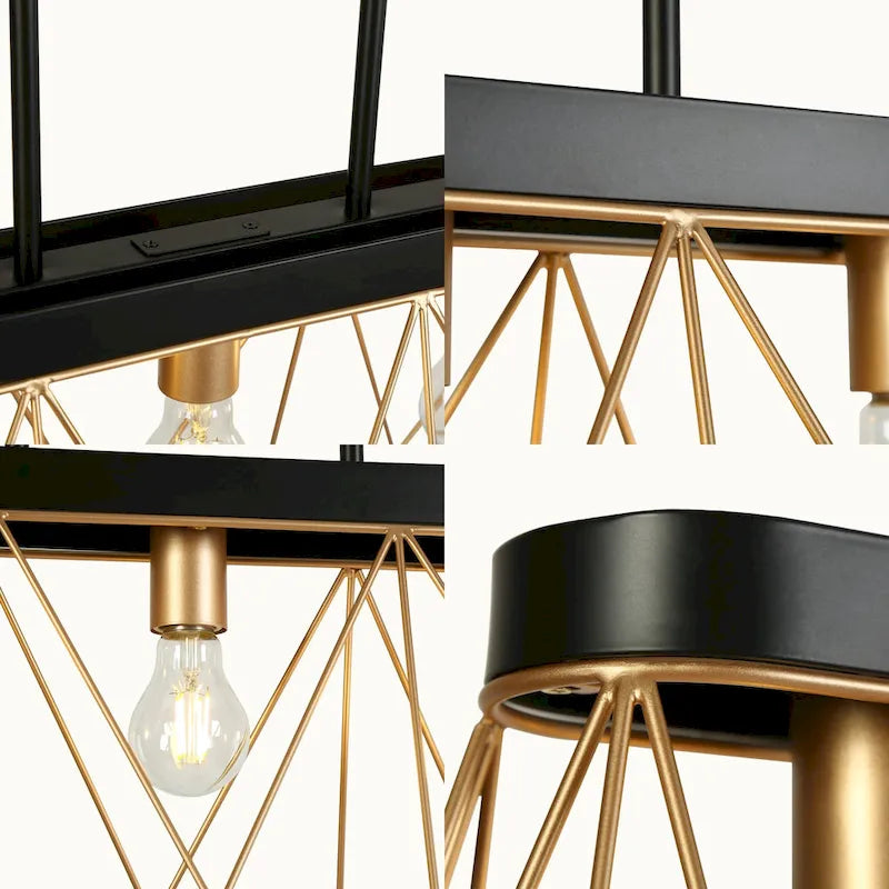 Lustre moderne de luxe à 5 lumières, noir et or, avec design géométrique pour îlot de cuisine ou salle à manger.