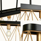 Lustre moderne de luxe à 5 lumières, noir et or, avec design géométrique pour îlot de cuisine ou salle à manger.
