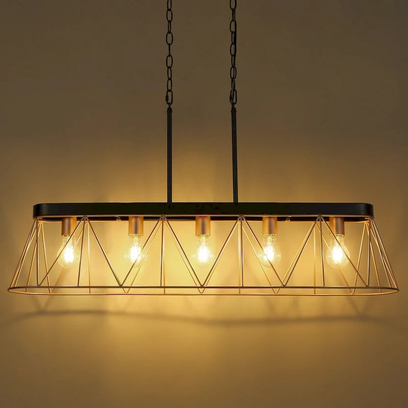 Lustre moderne de luxe à 5 lumières, noir et or, avec design géométrique pour îlot de cuisine ou salle à manger.