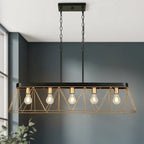 Lustre moderne de luxe à 5 lumières, noir et or, avec design géométrique pour îlot de cuisine ou salle à manger.