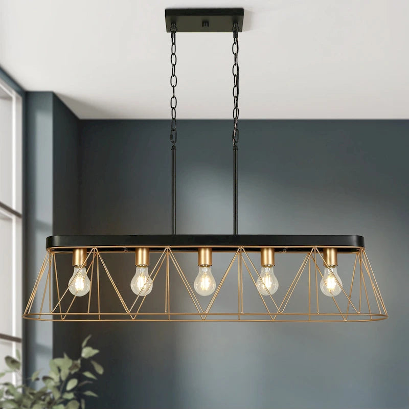 Lustre moderne de luxe à 5 lumières, noir et or, avec design géométrique pour îlot de cuisine ou salle à manger.