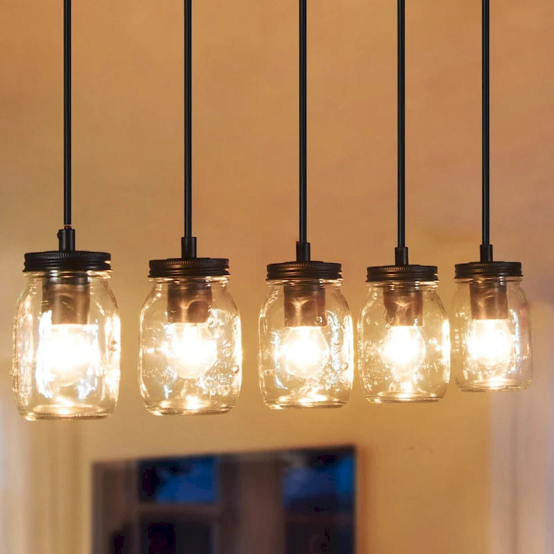 Suspension moderne rustique en verre, style bocal Mason, pour îlot de cuisine - Lustre de style ferme à 5 lumières - L29 * l4,72 * H69