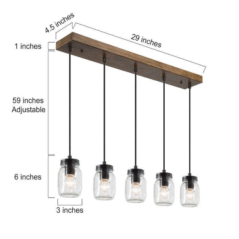Suspension moderne rustique en verre, style bocal Mason, pour îlot de cuisine - Lustre de style ferme à 5 lumières - L29 * l4,72 * H69