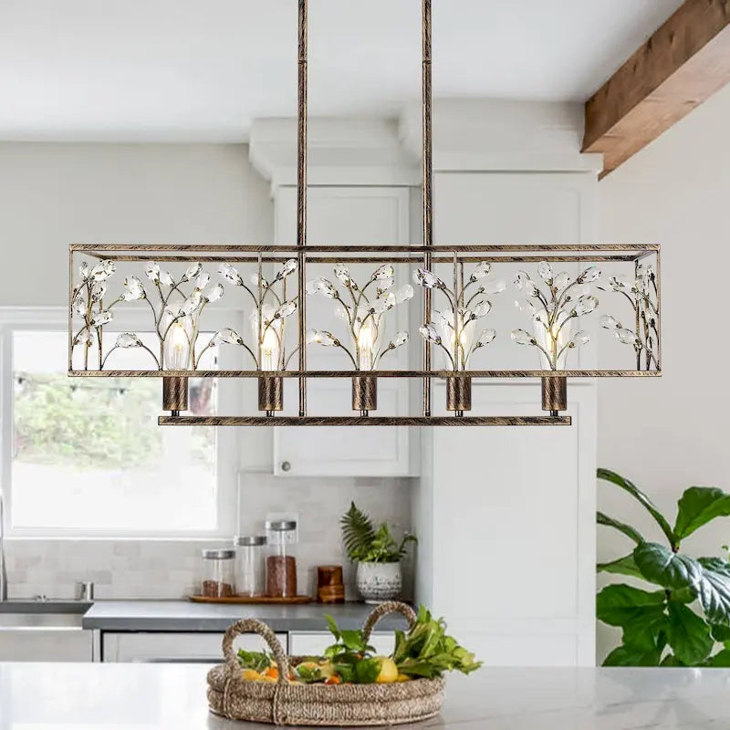 Lustre linéaire rectangulaire en cristal à 5 ​​lumières Starsky Farmhouse pour salle à manger, certifié UL