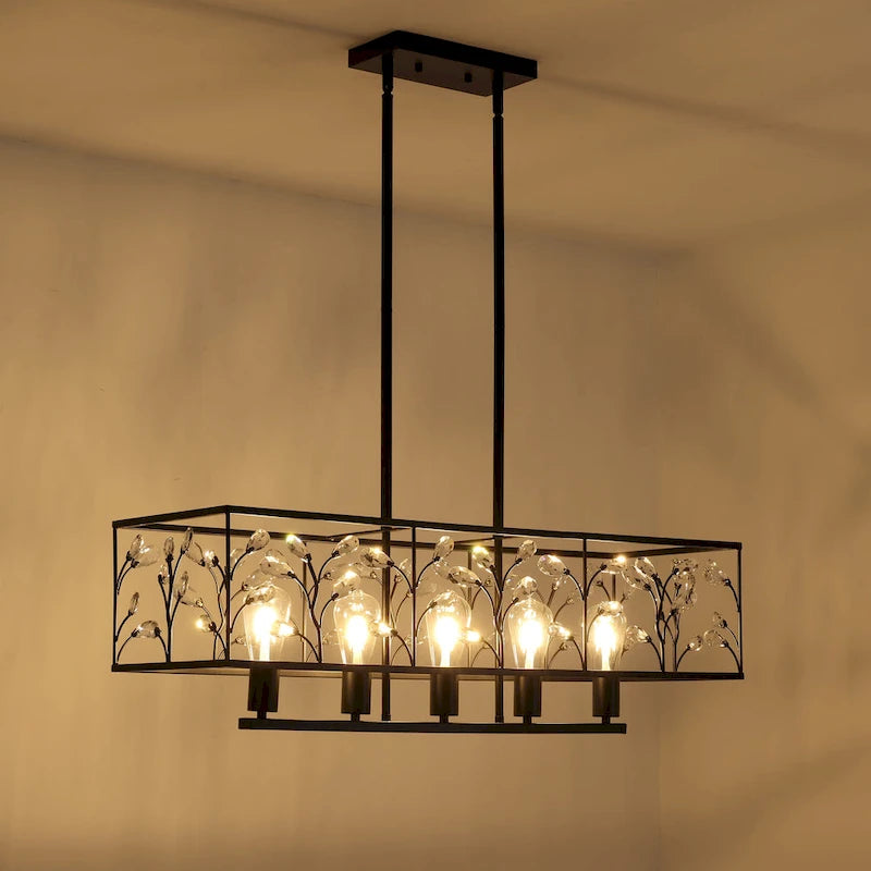 Lustre linéaire rectangulaire en cristal à 5 ​​lumières Starsky Farmhouse pour salle à manger, certifié UL