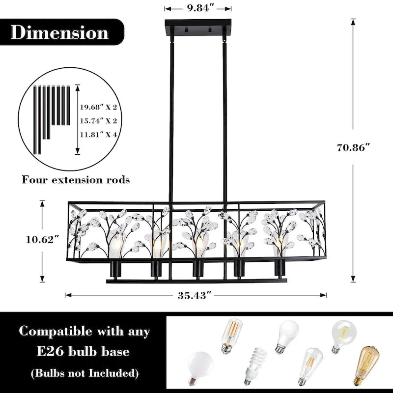 Lustre linéaire rectangulaire en cristal à 5 ​​lumières Starsky Farmhouse pour salle à manger, certifié UL