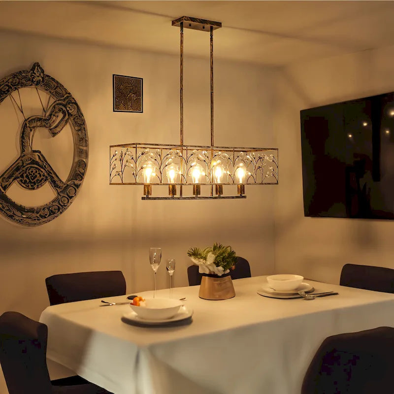 Lustre linéaire rectangulaire en cristal à 5 ​​lumières Starsky Farmhouse pour salle à manger, certifié UL