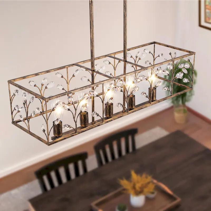 Lustre linéaire rectangulaire en cristal à 5 ​​lumières Starsky Farmhouse pour salle à manger, certifié UL