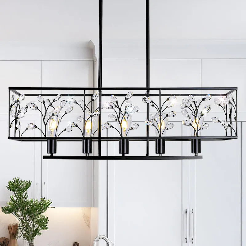 Lustre linéaire rectangulaire en cristal à 5 ​​lumières Starsky Farmhouse pour salle à manger, certifié UL