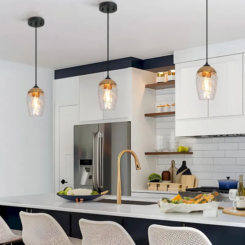 Modern Contemporary 1-Light Black and Gold Hammered Glass Pendant Light Fixtures for Kitchen Island