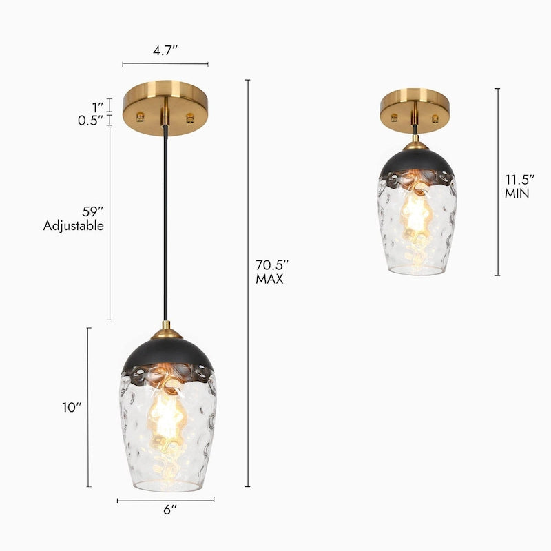 Suspension moderne et contemporaine à une lumière en verre martelé noir et or pour îlot de cuisine