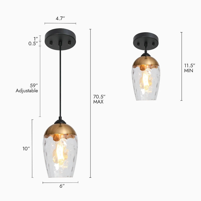 Suspension moderne et contemporaine à une lumière en verre martelé noir et or pour îlot de cuisine