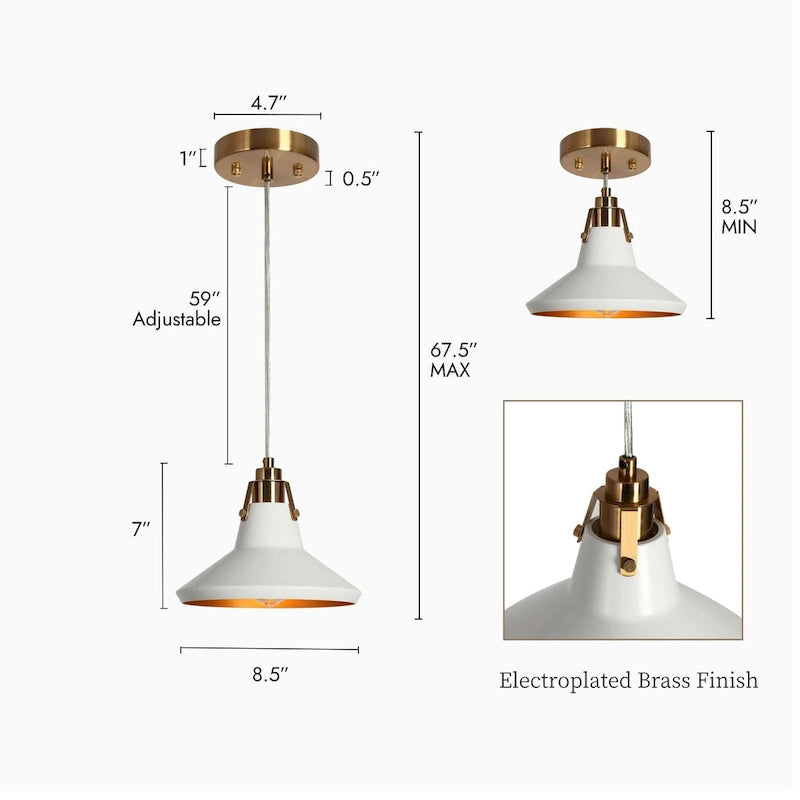 Suspension moderne et élégante à une lumière en métal blanc et or pour îlot de cuisine/salle à manger - Hauteur réglable - D8,7 x H7,1