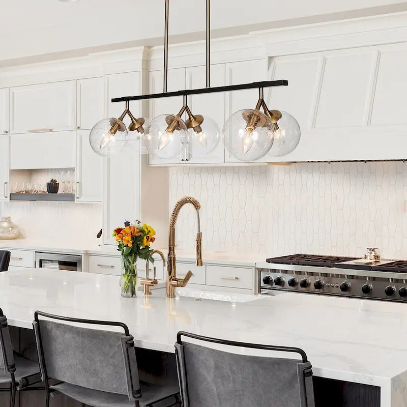 Lustre linéaire moderne et glamour à 6 lumières, abat-jour sphérique en verre pour îlot de cuisine - L 28,5 x l 11,5 x H 72,5