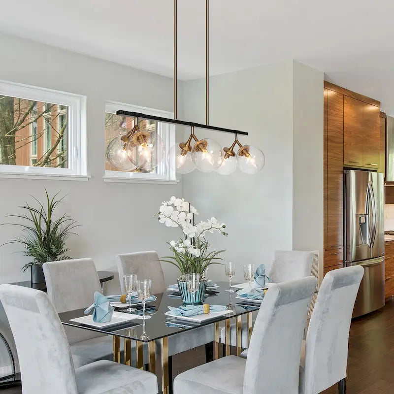 Lustre linéaire moderne et glamour à 6 lumières, abat-jour sphérique en verre pour îlot de cuisine - L 28,5 x l 11,5 x H 72,5