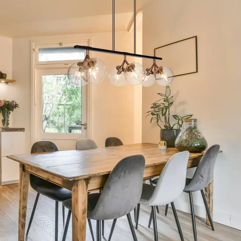 Lustre linéaire moderne et glamour à 6 lumières, abat-jour sphérique en verre pour îlot de cuisine - L 28,5 x l 11,5 x H 72,5