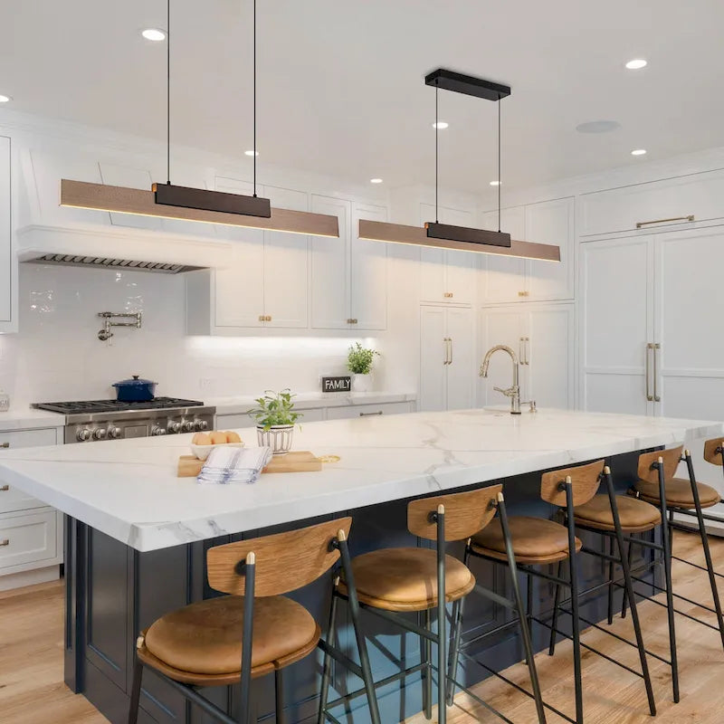 Suspension linéaire LED intégrée en bois de noyer rustique pour îlot de cuisine - L 47,2