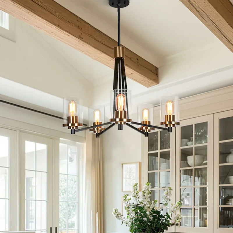 Modern Contemporary 5-Light Black Gold Wheel Chandelier Glass Pendant Light for Dining Room - D 25  x H 7.5 