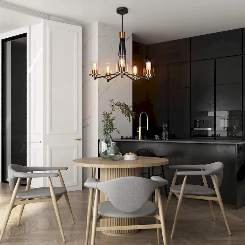 Lustre suspendu moderne et contemporain à 5 lumières, noir et or, en verre, pour salle à manger - D 25 x H 7,5