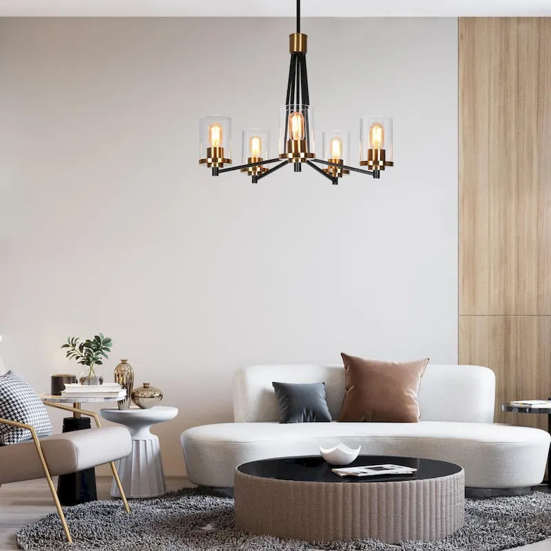 Lustre suspendu moderne et contemporain à 5 lumières, noir et or, en verre, pour salle à manger - D 25 x H 7,5