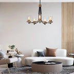 Lustre suspendu moderne et contemporain à 5 lumières, noir et or, en verre, pour salle à manger - D 25 x H 7,5